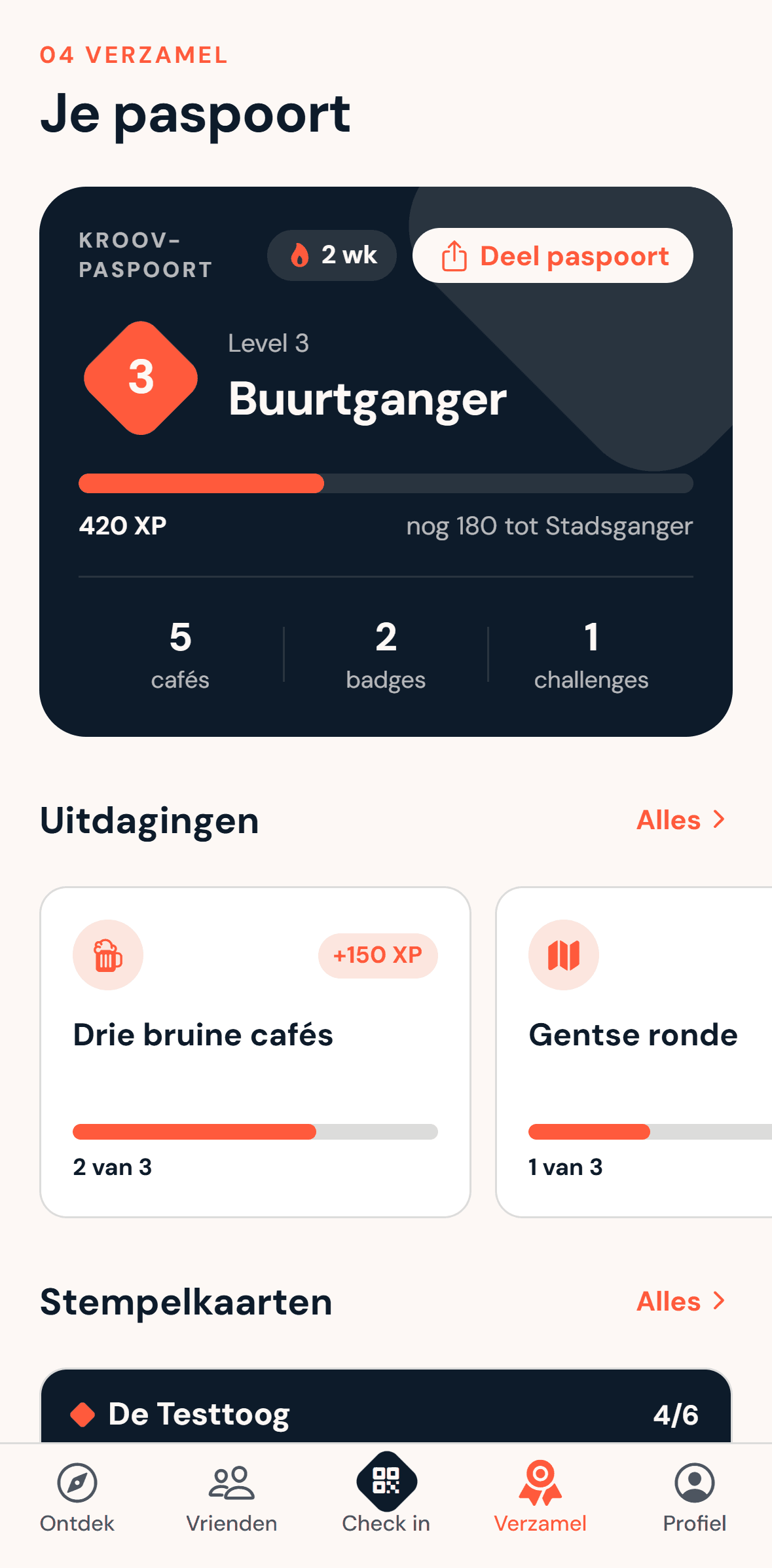 Het paspoort in Verzamel: level 3 met XP-balk, aantal cafés, badges en challenges, en lopende uitdagingen