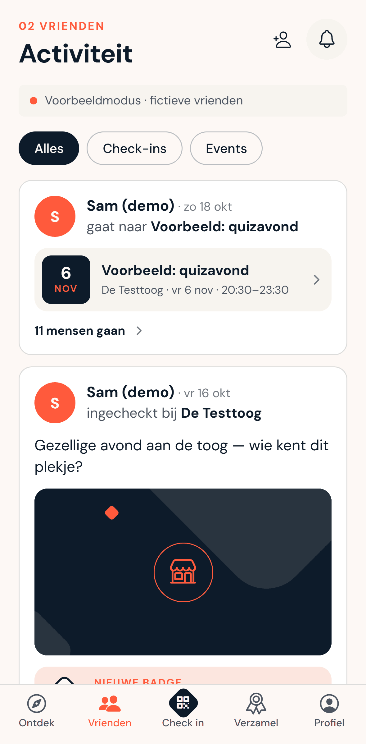 Het tabblad Vrienden: een fictieve vriend gaat naar een quizavond en checkte in bij De Testtoog, met likes en reacties